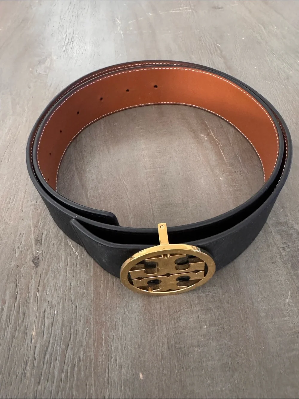 Tory Burch Black Leather Belt with Gold Logo Buckle and Brown Lining